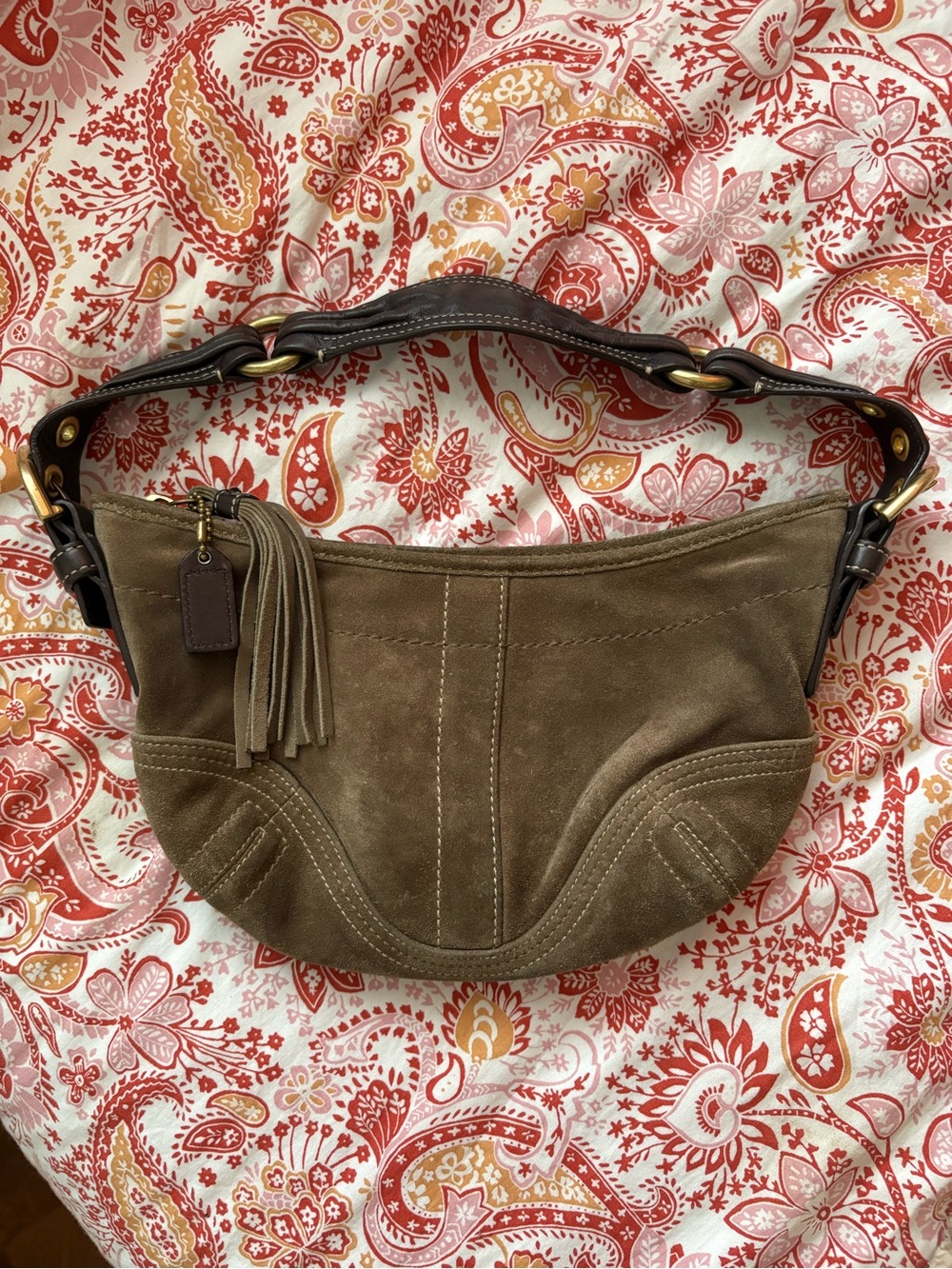 Coach Suede Shoulder Bag in Taupe with Dark Brown Handle